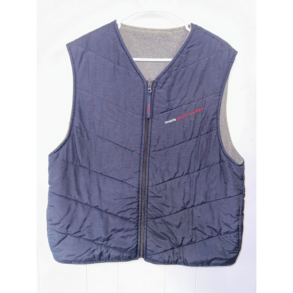 Chaps Ralph Lauren Reversible Vest Mens Navy Blue Quilted‎ Ripstop Grey Fleece L